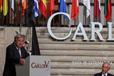 United Nations (UN) Secretary General Antonio Guterres delivers a speech after receiving the Carlos V European Award on May 9, 2023. ( Photo | AFP )