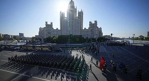 Russian soldiers march toward Red Square to attend a Victory Day military parade in Moscow, Russia. (Photo | AP)