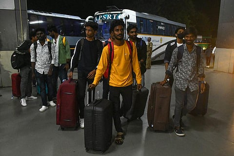 Students who were stranded in violence-hit Manipur reached Vijayawada  from Hyderabad airport. (Photo | Prasant Madugula, EPS)