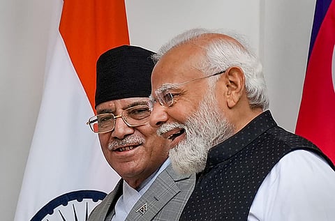 Prime Minister Narendra Modi with Prime Minister of Nepal Pushpa Kamal Dahal 'Prachanda' before their meeting, at the Hyderabad House in New Delhi, Thursday, June 1, 2023. (Photo | PTI)