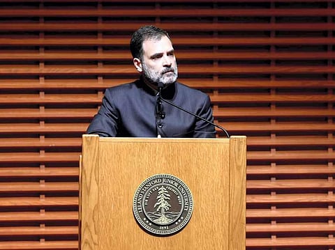 Congress leader Rahul Gandhi speaks during an interactive session at Stanford University, in California, USA. (Photo | PTI)