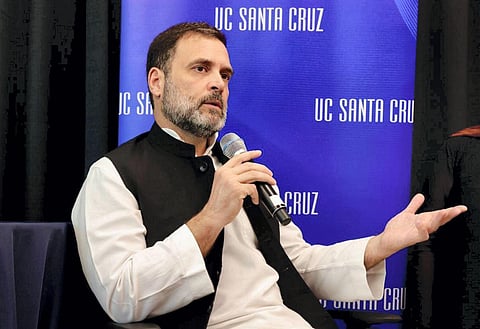 Congress leader Rahul Gandhi speaks during an interaction with activists, academics at the University of California. (Photo | PTI)