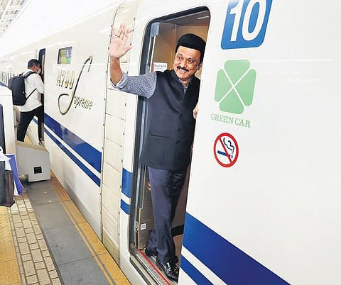 Chief Minister MK Stalin, after a two-day visit to Osaka, leaving for Tokyo by a bullet train on Sunday.(Photo| Eps)