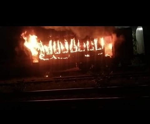 A coach of the Alappuzha – Kannur Express train halted at the Kannur station was completely gutted by fire.