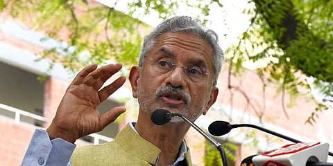 External Affairs Minister S Jaishankar addresses during a Dialogue with Students, at the Aryabhatta College premises, South Campus, in New Delhi on Friday. (Photo | ANI)