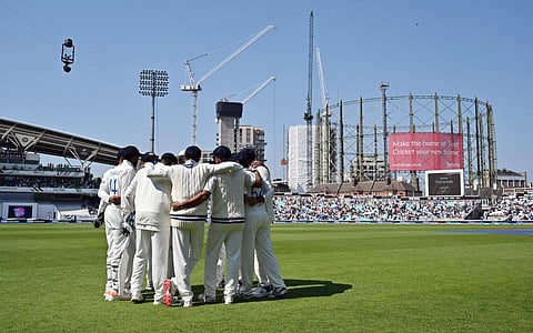 Indian players in a team huddle at the start of Australia's 2nd Innings during Day three of the ICC World Test Championship (WTC) final at The Oval in London on Friday. (Photo | ANI)