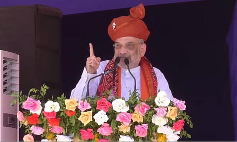 Union Home Minister Amit Shah speaking at a rally in Siddhpur. (Photo  | ENS)