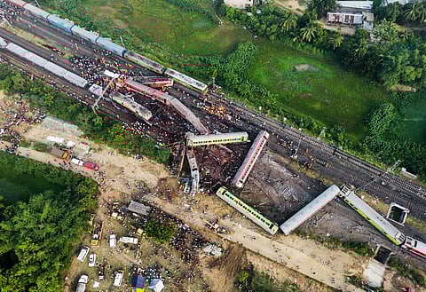 An aerial view of the triple train crash site in Odisha's Balasore district. (Photo | Debadatta Mallick, EPS)