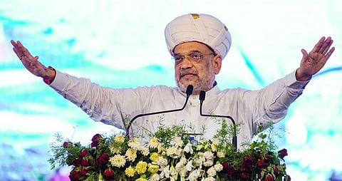 Union Home Minister Amit Shah addresses the gathering during a rally, in Nanded, Saturday, June 10, 2023. (Photo | PTI)