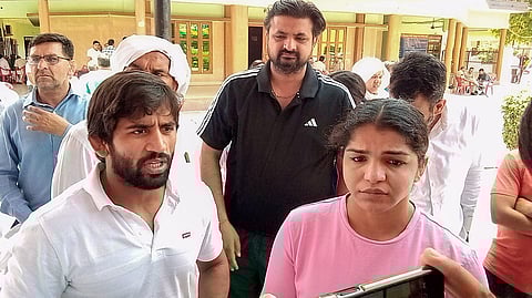 Wrestlers Bajrang Punia and Sakshi Malik during a 'mahapanchayat' in Sonipat, Saturday, June 10, 2023. (Photo | PTI)
