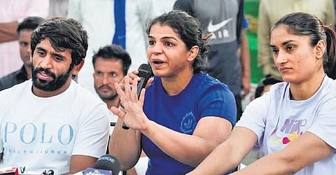 (From L to R) Wrestlers Bajrang Punia, Sakshi Malik, Vinesh Phogat. (Photo | Express)