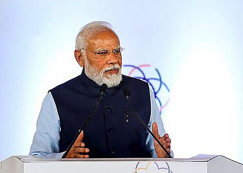 Prime Minister Narendra Modi speaks at the inauguration of the first-ever National Training Conclave at the Pragati Maidan in New Delhi, Sunday, June 11, 2023. (Photo | PTI)
