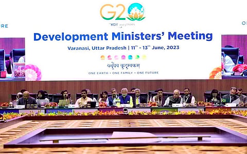 External Affairs Minister S Jaishankar and other delegates during G20 Development Ministers' meeting, in Varanasi, Monday, June 12, 2023. (Photo | PTI)