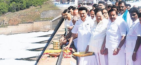 Chief Minister M K Stalin releases water from Mettur Dam for irrigation in delta districts in Salem on Monday | Express