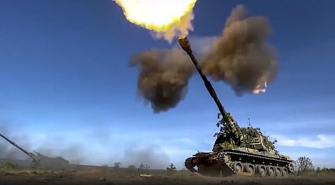 A Russian self-propelled gun fires toward Ukrainian positions at an undisclosed location. (FILE PHOTO | Russian Defense Ministry Press Service via AP)