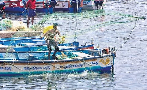 A fisherman casts his net from a boat docked at Vizhinjam harbour | B P Deepu