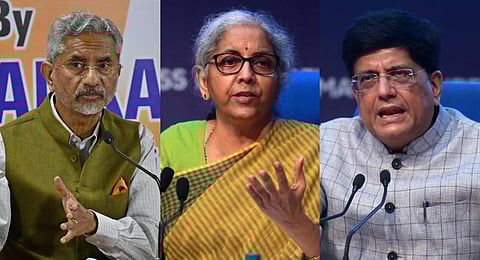 FILE - (From L to R) A collage of Union Ministers and Rajya Sabha MPs S Jaishankar, Nirmala Sitharaman and Piyush Goyal, used for representative purposes only. (Photo | PTI)