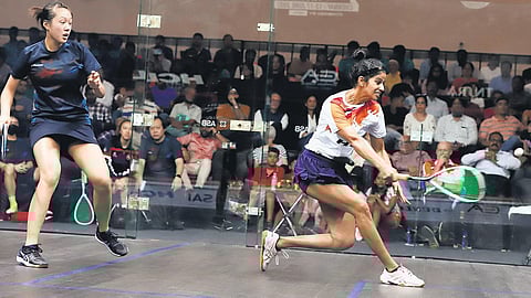 Joshna Chinappa (R) in action against Heylie Fung on Tuesday | P Ravikumar