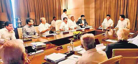 AICC General Secretary Randeep Singh Surjewala, DyCM DK Shivakumar and other top state government officials during a meeting in Bengaluru | twitter