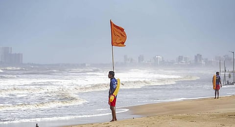 Lifeguards on patrol while high tidal waves lash the shore as the Biporjoy cyclone intensifies into a severe cyclonic storm, in Mumbai. (Photo | PTI)