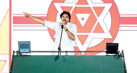 Jana Sena chief Pawan Kalyan addressing the public in Annavaram on Wednesday I Express