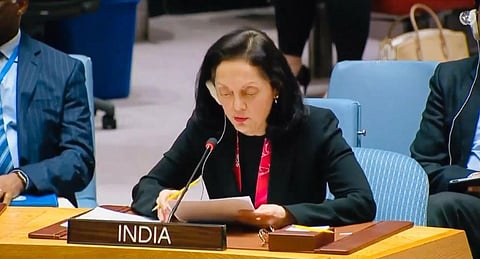 FILE - India's Permanent Representative to the UN, Ambassador Ruchira Kamboj, speaks at the UN General Assembly. (Photo | Twitter @IndiaUNNewYork)
