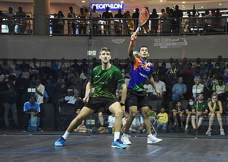 India's Saurav Ghosal (R) in action against South Africa’s Dewald van Niekerk during the WSF World Cup 2023, held at Express Avenue in Chennai on Wednesday. (Photo | Ashwin Prasath, EPS)