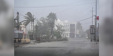 A view of heavy rainfall with strong winds as cyclone Biparjoy starts making landfall at Mandvi, in Kutch, Thursday, June 15, 2023. (Photo | PTI)