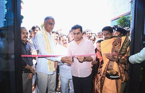 IT and Industries Minister K T Rama Rao inaugurates IT Tower in Siddipet on Thursday as Finance Minister Harish Rao looks on