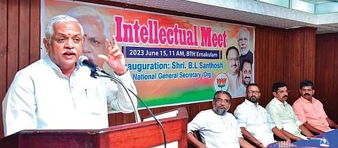 B L Santhosh addressing the Intellectual Meet organised by BJP on Thursday.