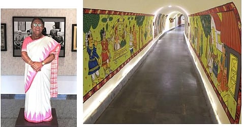 A statue of President Droupadi Murmu. (Right) A tunnel with paintings portraying Telangana culture in Rashtrapati Nilayam | Vinay Madapu