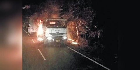 The burning tanker after the road mishap