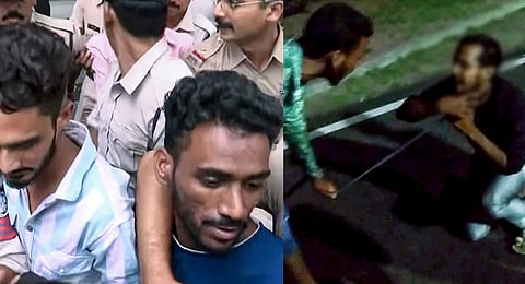 Three accused in police custody for allegedly brutally thrashing a youth, in Bhopal on Monday,(L) A youth was seen allegedly being harassed and assaulted by few miscreants,