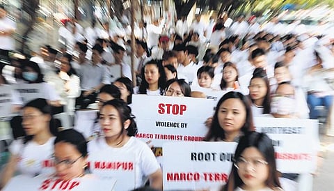People from Manipur living in Hyderabad held a sit-in protest against the recent unrest in their State, at Dharna Chowk on Sunday | Sri Loganathan Velmurugan