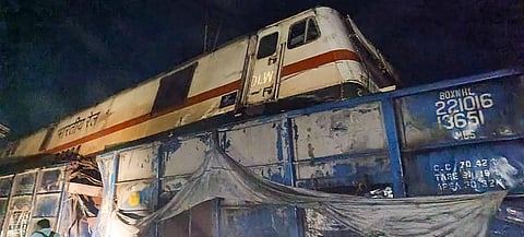 The Coromandel Express after it derailed following a head-on collision with a goods train in the Balasore district, Friday evening, June 2, 2023. (Photo | PTI) 