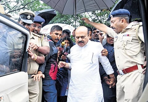 Former CM Basavaraj Bommai detained during a protest against the Congress-led state government in Bengaluru on Tuesday | Shashidhar Byrappa