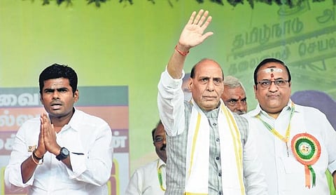 Union Defence Minister Rajnath Singh and state BJP president K Annamalai at a public meeting in Tambaram on Tuesday | Ashwin Prasath