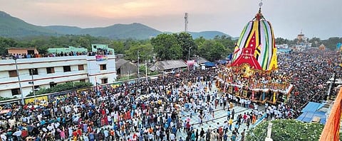 Devotees pulling the chariot on the Grand Road in Keonjhar on Tuesday | Express