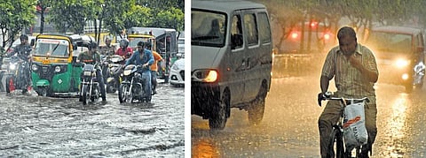 (Left to right) Commuter struggle to wade through rain water amid waterlogging on the streets; heavy rain reduces visibility slowing down the traffic in Vijayawada on Tuesday I Prasant Madugula