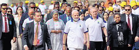 Prime Minister Narendra Modi, along with other dignitaries, arrives to participate in the 9th International Day of Yoga celebrations at the UN headquarters in New York on Wednesday | PTI