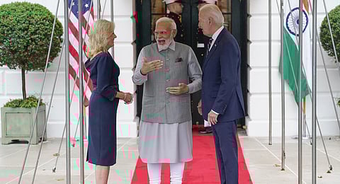 US President Joe Biden and first lady Jill Biden welcome India's Prime Minister Narendra Modi to the White House for a private dinner, Wednesday, June 21, 2023, in Washington. (Photo | AP)