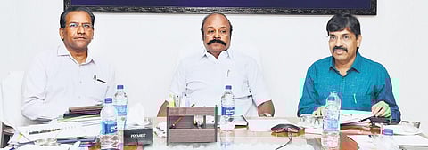 Minister for Cooperation K R Periyakaruppan taking part in a review meeting at Tamil Nadu cooperative union office in Chennai on Thursday | Express