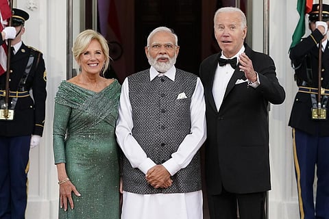 President Joe Biden and first lady Jill Biden welcome India's Prime Minister Narendra Modi as he arrives for a State Dinner. (Photo | AP)