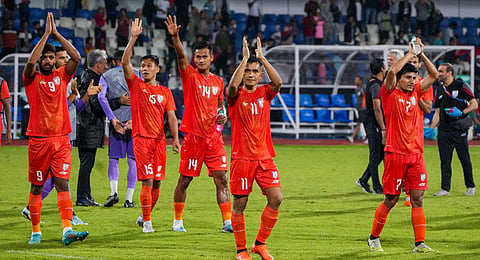 Indian team captain Sunil Chhetri with teammates acknowledges the crowd after winning a football match against Nepal during 2023 SAFF Championship.(Photo | PTI)