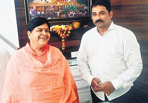 Jeevan Kaneria with MP minister for tourism and culture Usha Thakur (above); posing with GBS patients and survivors in Indore | Express