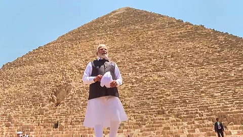 Prime Minister Narendra Modi during his visit to the Great Pyramid of Giza, Egypt, Sunday, June 25, 2023. (PTI Photo)