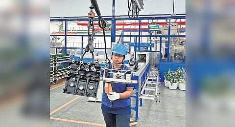 A woman working at Ashok Leyland’s  the all-woman assembly line in the firm’s   Hosur factory | Special arrangement