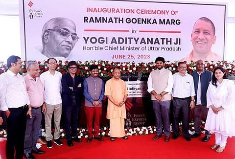 Uttar Pradesh Chief Minister Yogi Adityanath officially renaming a key road in Noida as 'Ramnath Goenka Marg'. (Photo | Twitter)