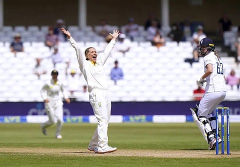 Australia's Ashleigh Gardner celebrates after taking the wicket of England's Danni Wyatt to win the first Women's Ashes test match at Trent Bridge, Nottingham, England, June 26, 2023. (Photo | AP)