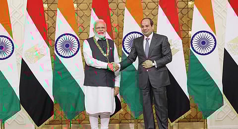 Egyptian President Abdel Fattah El-Sisi confers Prime Minister Narendra Modi with the highest state honour of Egypt ‘Order of the Nile’ on Sunday in Cairo. (Photo | PIB)